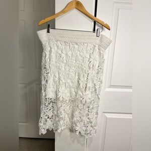 DECREE Flower Lace White Skirt Midi Lined Sz Large Floral Pullon Elastic BOHO